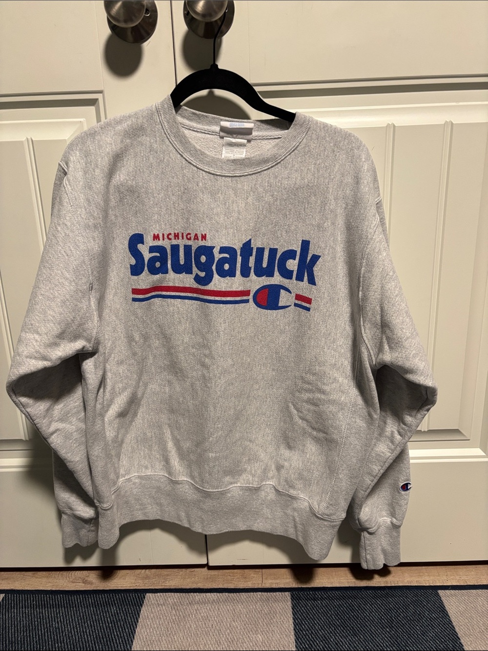 Unisex Champion Gray Crewneck Sweatshirt with Blue and Red Saugatuck Graphic